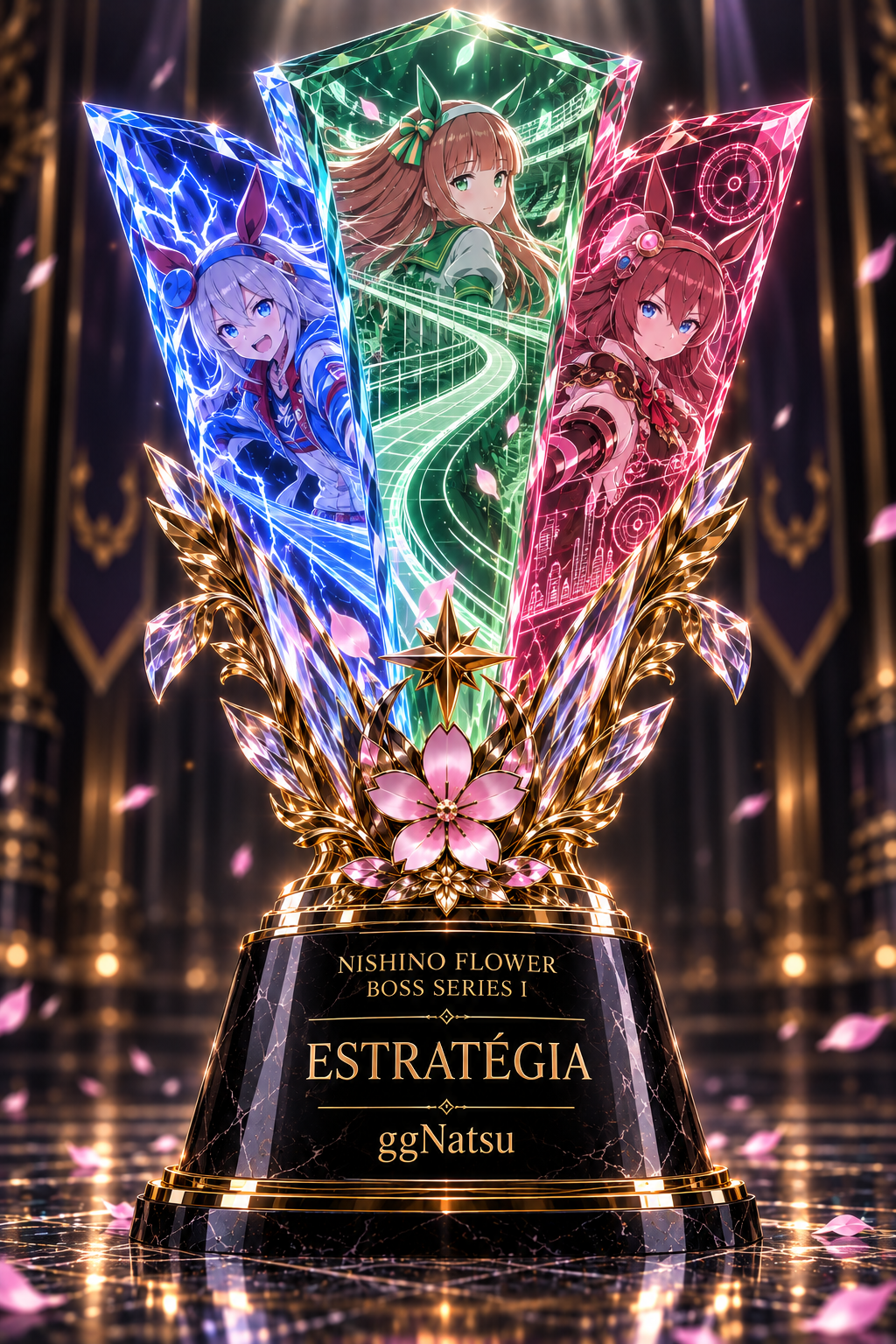 Troféu Estratégia da Nishino Flower Boss Series I, com Silence Suzuka, Tamamo Cross e Mihono Bourbon, e o nome ggNatsu na base.